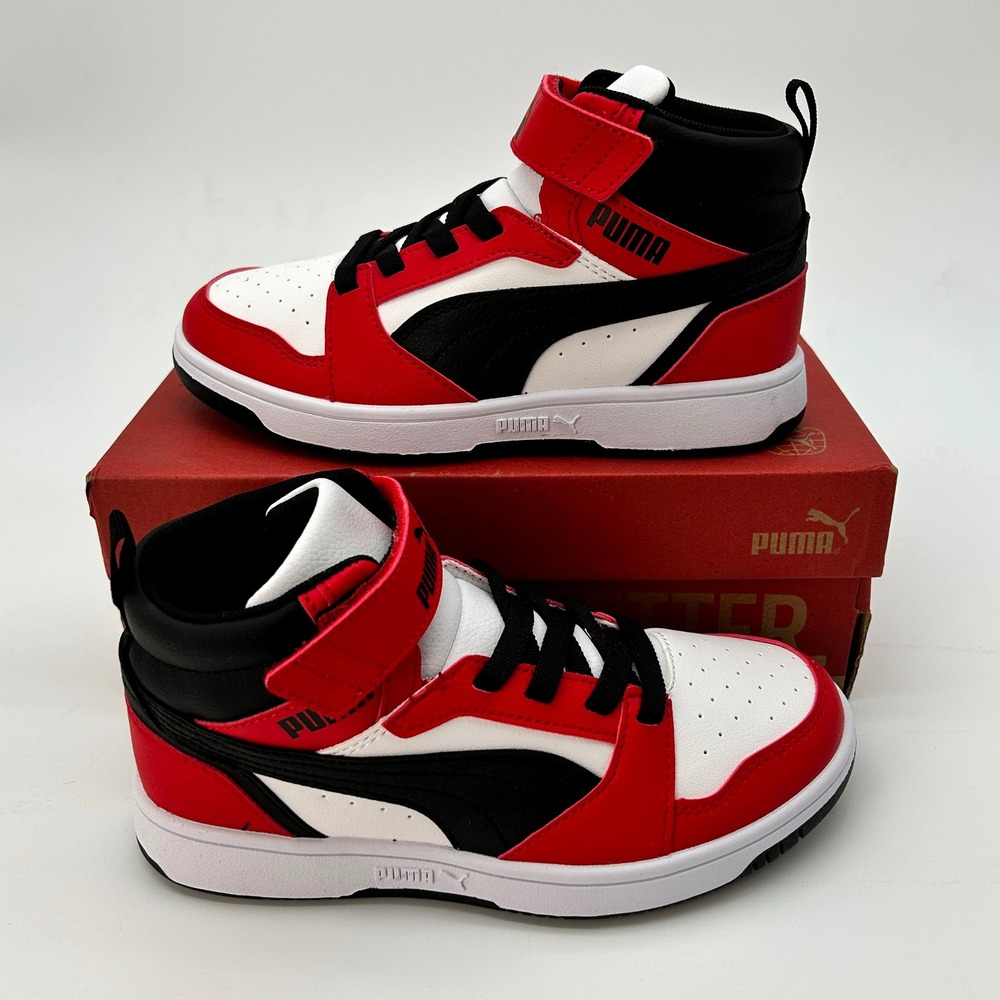 PUMA Rebound V6 Kids Size 2.5 Easy On Sneakers Red White Black NEW 393832-03